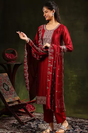 ethnic motifs embroidered sequinned straight kurta with trouser & dupatta