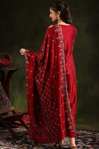 ethnic motifs embroidered sequinned straight kurta with trouser & dupatta