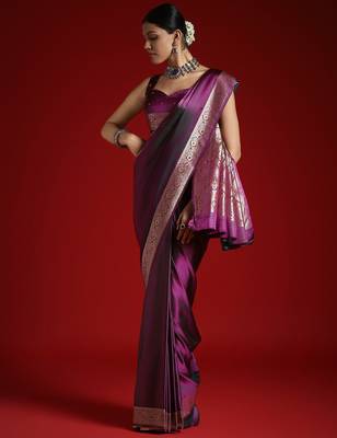 Violet ethnic motifs woven design zari satin banarasi saree 1