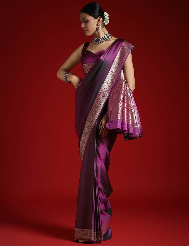 Violet ethnic motifs woven design zari satin banarasi saree