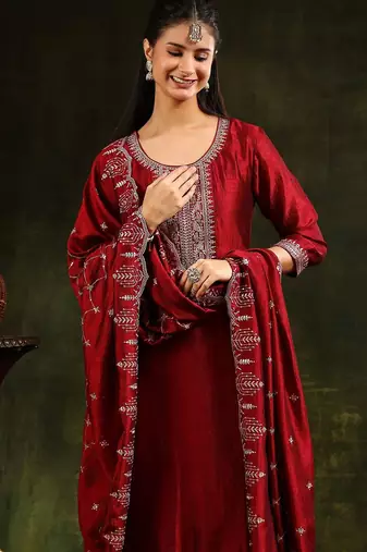 ethnic motifs embroidered sequinned straight kurta with trouser & dupatta
