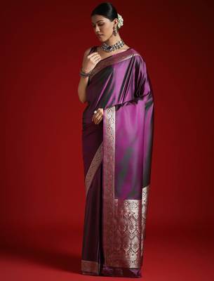 Violet ethnic motifs woven design zari satin banarasi saree 2
