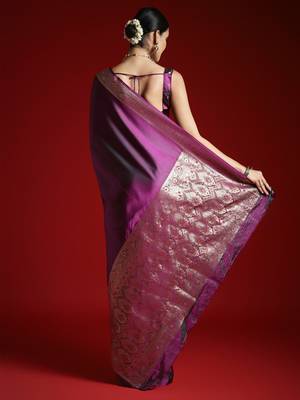 Violet ethnic motifs woven design zari satin banarasi saree 3