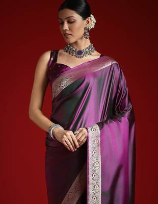 Violet ethnic motifs woven design zari satin banarasi saree 4