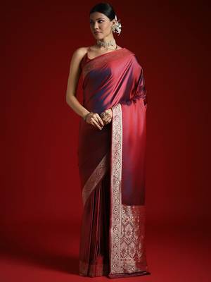 Maroon embroidered satin banarasi saree 1