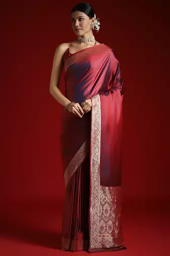 Maroon embroidered satin banarasi saree