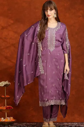 women embroidered regular sequinned kurta with trousers & with dupatta