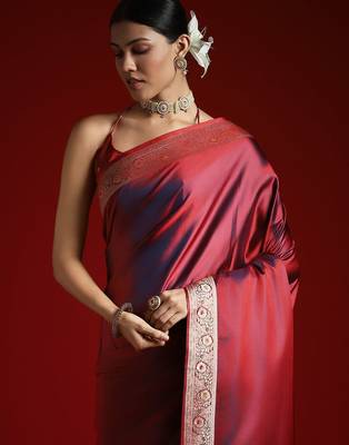 Maroon embroidered satin banarasi saree 4