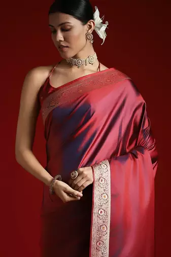 Maroon embroidered satin banarasi saree