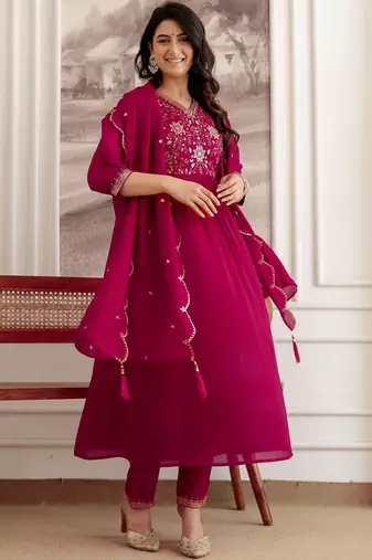 women ethnic motifs embroidered empire thread work kurta with salwar & with dupatta