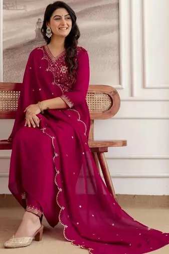 women ethnic motifs embroidered empire thread work kurta with salwar & with dupatta