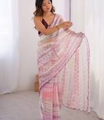 Pink aari work satin saree with unstitched blouse piece