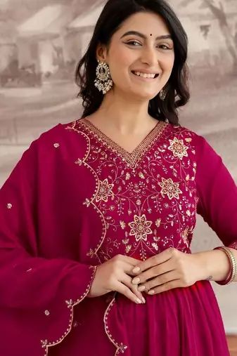 women ethnic motifs embroidered empire thread work kurta with salwar & with dupatta