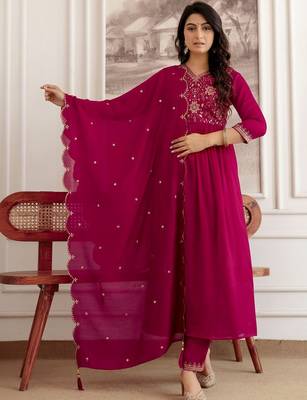 women ethnic motifs embroidered empire thread work kurta with salwar & with dupatta 5