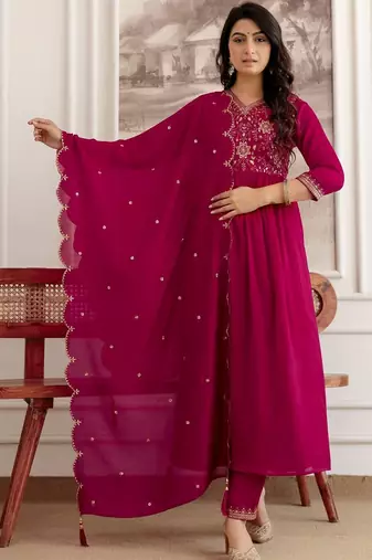 women ethnic motifs embroidered empire thread work kurta with salwar & with dupatta