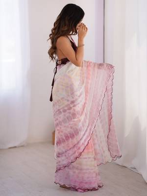 Pink aari work satin saree with unstitched blouse piece 2