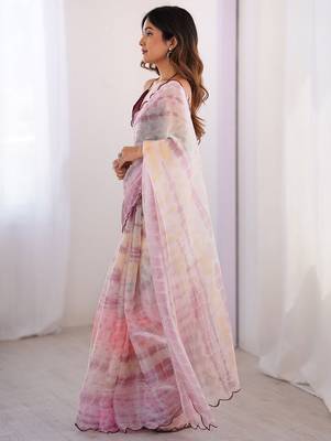 Pink aari work satin saree with unstitched blouse piece 3