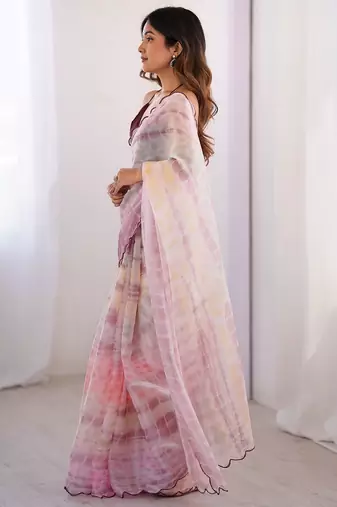 Pink aari work satin saree with unstitched blouse piece