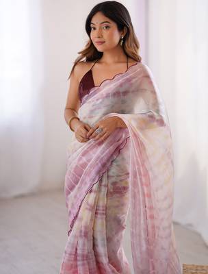 Pink aari work satin saree with unstitched blouse piece 4