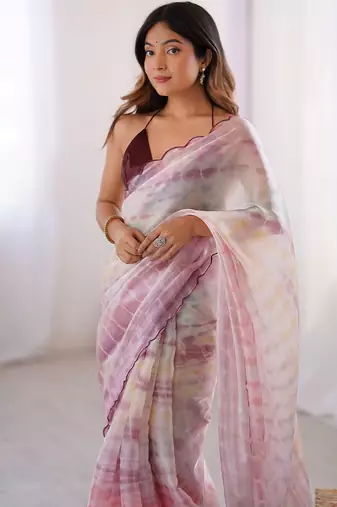 Pink aari work satin saree with unstitched blouse piece