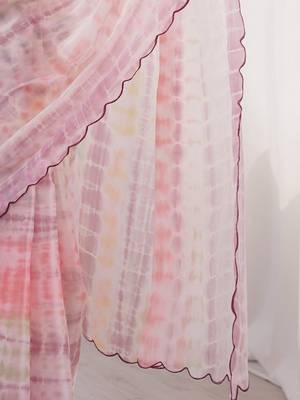 Pink aari work satin saree with unstitched blouse piece 5