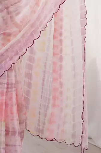 Pink aari work satin saree with unstitched blouse piece
