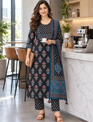 women ethnic motifs printed regular  cotton kurta with trousers & with dupatta 1