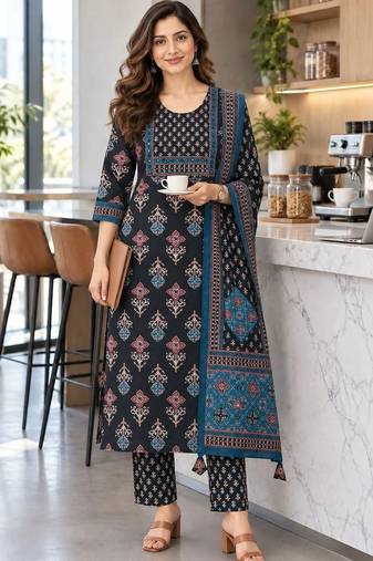 women ethnic motifs printed regular  cotton kurta with trousers & with dupatta