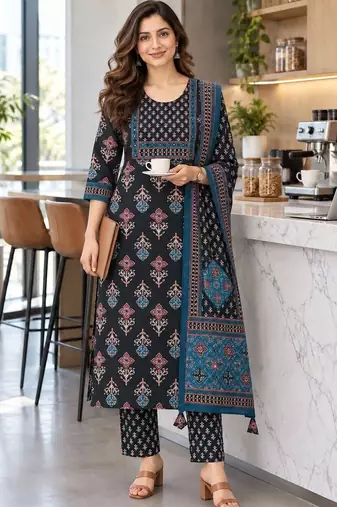 women ethnic motifs printed regular  cotton kurta with trousers & with dupatta