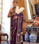 Burgundy floral woven design zari satin banarasi saree