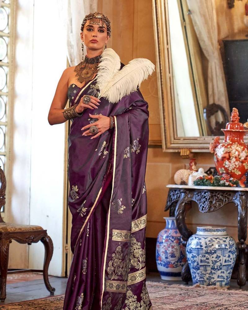 Burgundy floral woven design zari satin banarasi saree