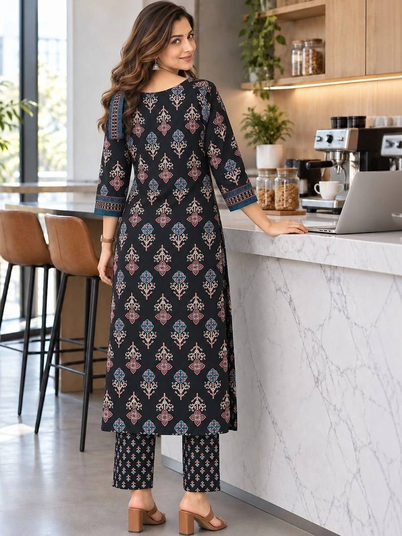women ethnic motifs printed regular  cotton kurta with trousers & with dupatta