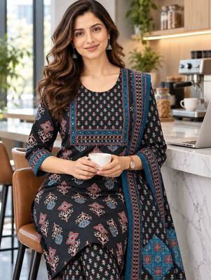 women ethnic motifs printed regular  cotton kurta with trousers & with dupatta 3