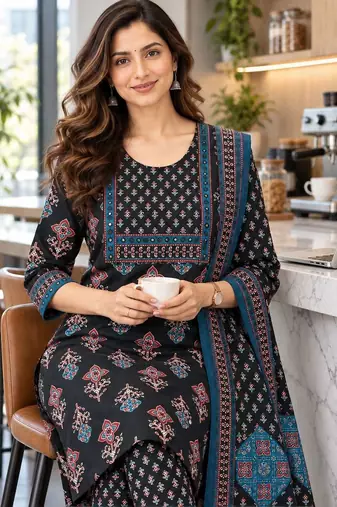 women ethnic motifs printed regular  cotton kurta with trousers & with dupatta