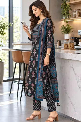 women ethnic motifs printed regular  cotton kurta with trousers & with dupatta