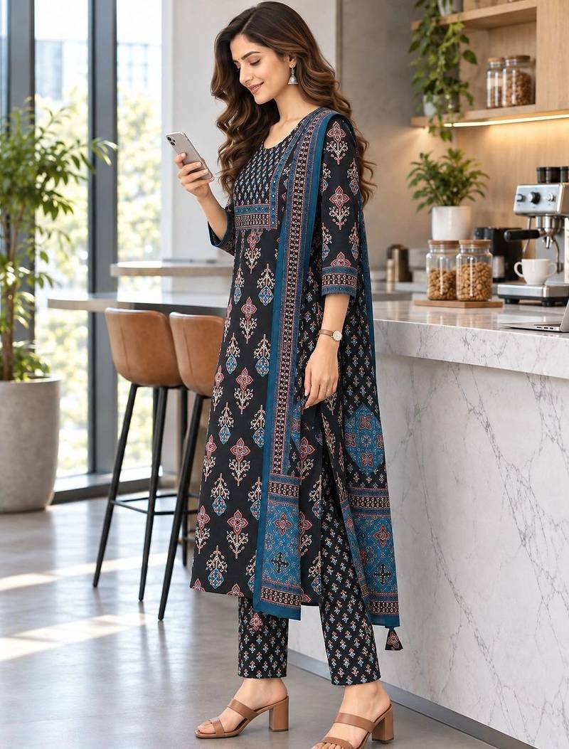 women ethnic motifs printed regular  cotton kurta with trousers & with dupatta