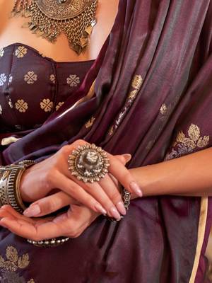 Burgundy floral woven design zari satin banarasi saree 4