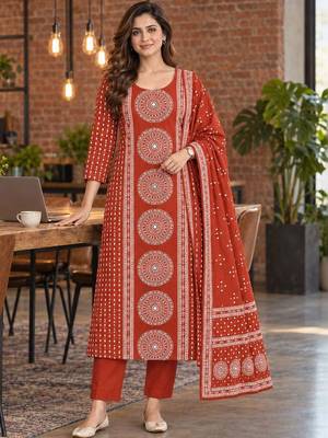 women printed regular  cotton kurta with trousers & with dupatta 1