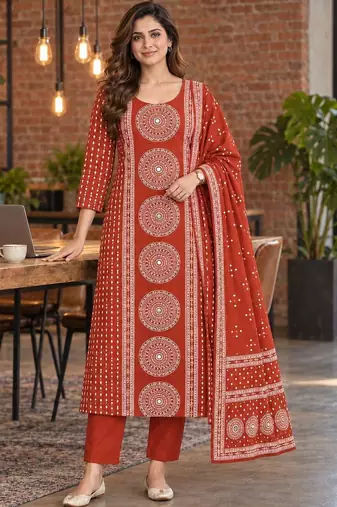 women printed regular  cotton kurta with trousers & with dupatta