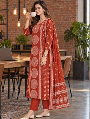 women printed regular  cotton kurta with trousers & with dupatta 4