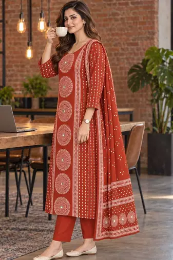 women printed regular  cotton kurta with trousers & with dupatta