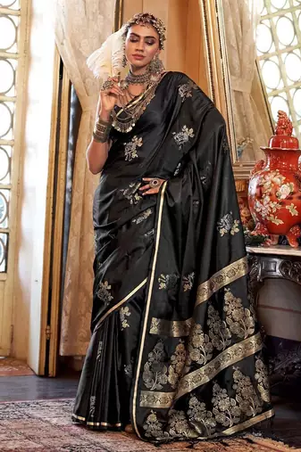 Black woven design zari satin banarasi saree