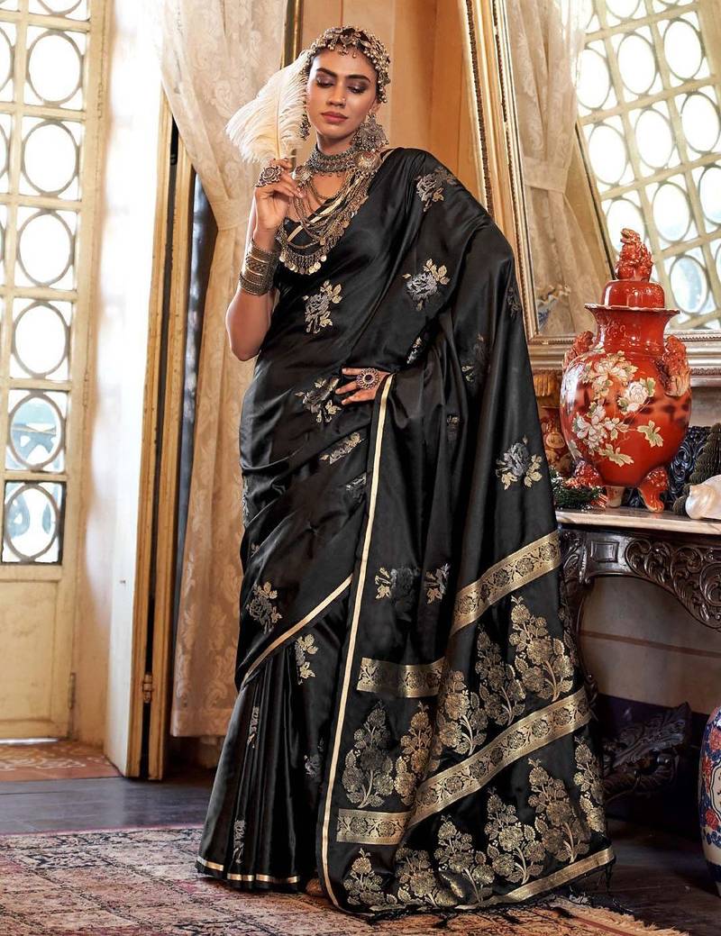 Black woven design zari satin banarasi saree
