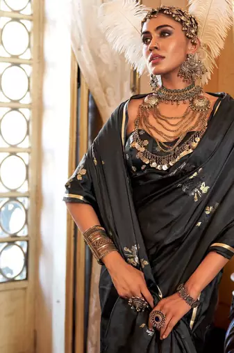 Black woven design zari satin banarasi saree