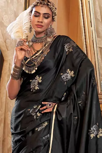 Black woven design zari satin banarasi saree