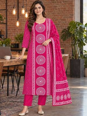 women ethnic motifs printed regular mirror work  cotton kurta with trousers & with dupatta 1
