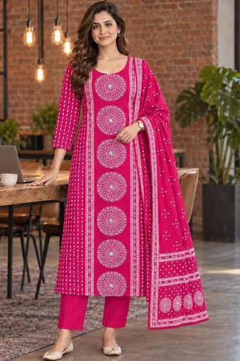 women ethnic motifs printed regular mirror work  cotton kurta with trousers & with dupatta