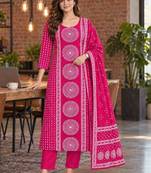 women ethnic motifs printed regular mirror work  cotton kurta with trousers & with dupatta