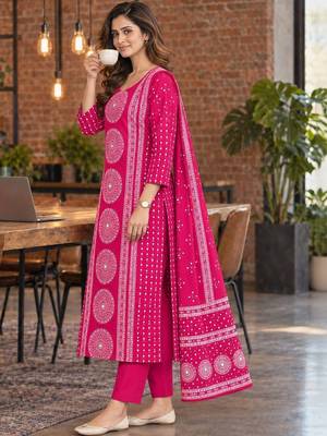 women ethnic motifs printed regular mirror work  cotton kurta with trousers & with dupatta 3