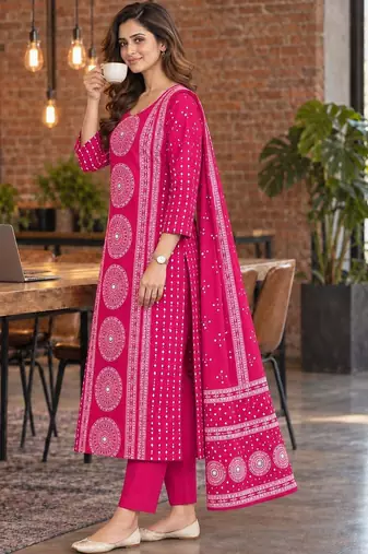 women ethnic motifs printed regular mirror work  cotton kurta with trousers & with dupatta